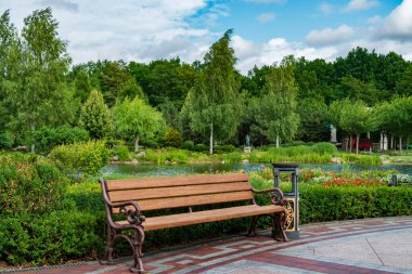 Beautiful summer park with bench. Tranquil place to rest and relax