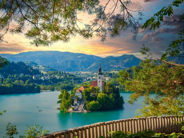 Úžasný Výhled Bled Lake Balkónu Slavný Orientační Bod Slovinska Kostel — Stock fotografie