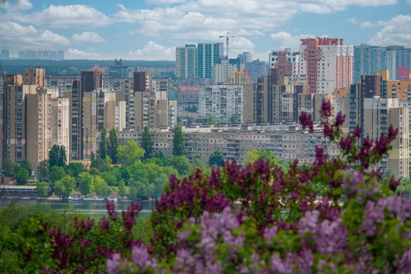 Vista Orilla Izquierda Ciudad Kiev Desde Jardín Botánico Con Flores —  Fotos de Stock