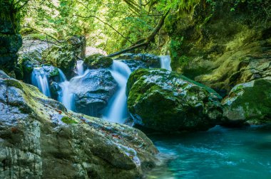 Ormanda gizlenmiş güzel bir şelale. Soca Vadisi, Slovenya 'nın Sahne Doğası