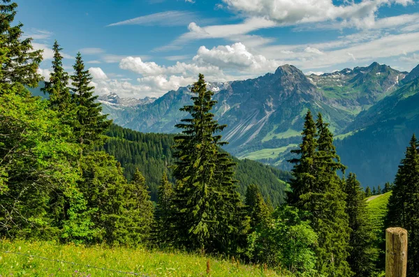 风景秀丽的阿尔卑斯山景观 美丽的高山雪地 绿色的草地 陡峭的山峰 欧洲旅行季节 — 图库照片