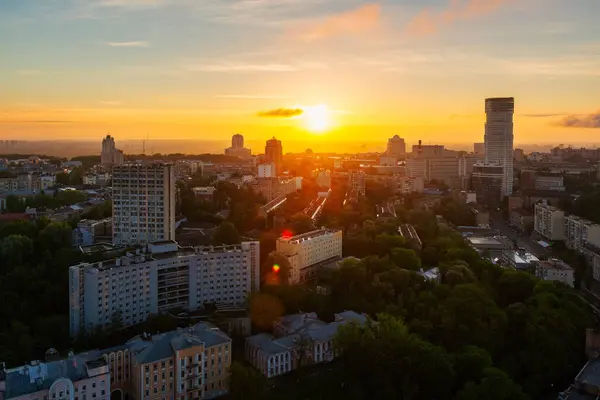 Panoramic view of Kyiv city, Ukraine, early in the morning with sun rising over Pechersk district