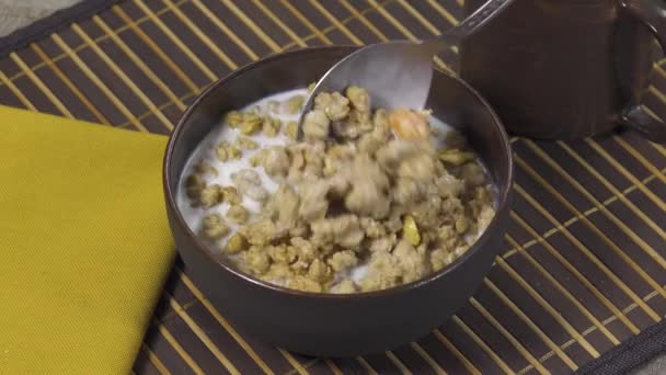 Cuillère Mélangeant Flocons Granola Lait Dans Bol — Video
