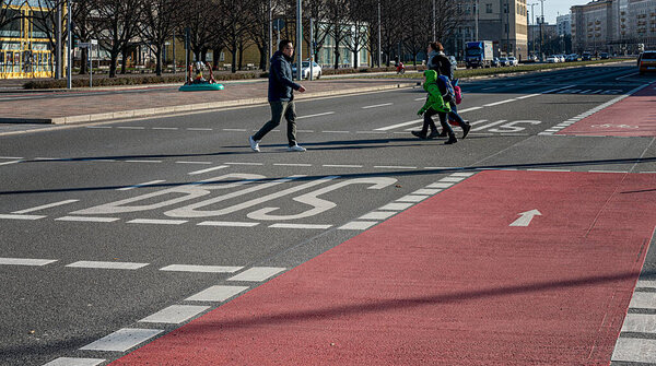 Roadway with bus lane and bike lane in Karl-Marx-Allee, Berlin, Germany