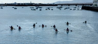 Paddle boats in the Charco de San Gines Lagoon, fishing boats, Arrecife, Lanzarote, Canary Islands, Spain
