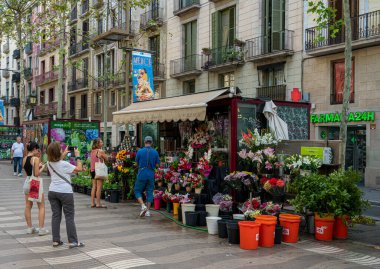 La Rambla, Barselona, Katalonya, İspanya 'daki çiçek tezgahı.