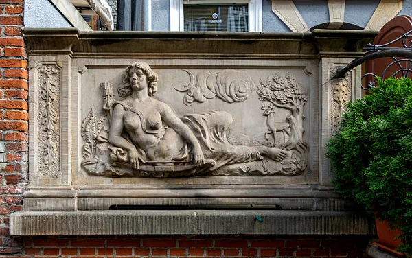 Ornaments and reliefs on apartment buildings in the old town of Gdansk,Poland