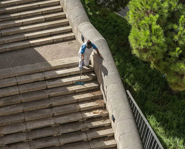 Elderly Woman Cleaning Steps Stairs Lluis Companys Olympic Park Barcelona — Stock Photo, Image