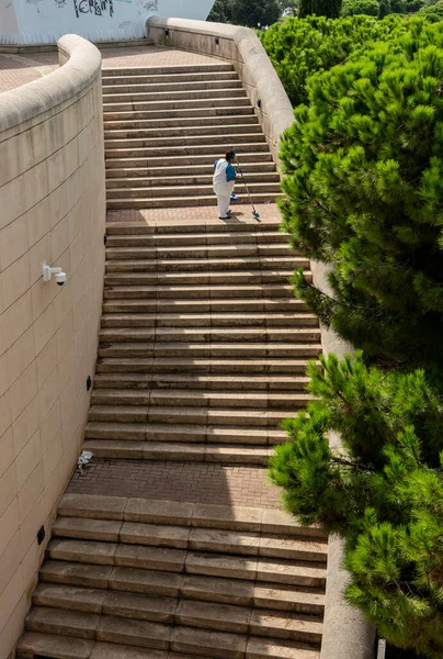 Elderly Woman Cleaning Steps Stairs Lluis Companys Olympic Park Barcelona Stock Picture