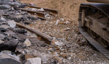 Tramvay demiryolu yatağı, Berlin-Mitte, Almanya 'da yol inşaatı