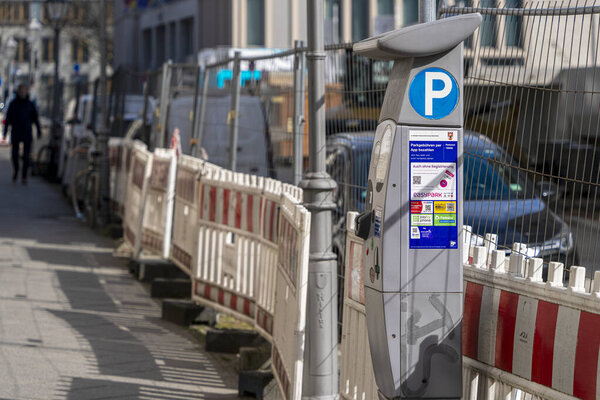 Parking machine at a road construction site, Berlin, Germany