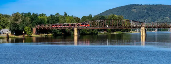 stock image West Franconia Railway of the DB, railway bridge on the Main in Miltenberg, Bavaria, Germany