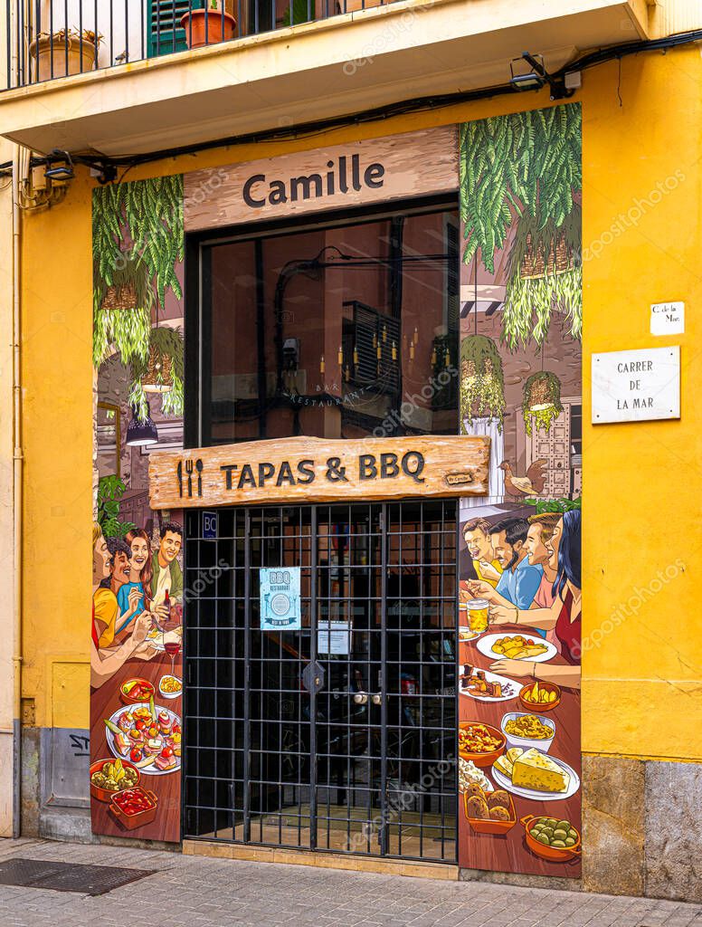 Retail, restaurants and small shops in the old town of Palma de Mallorca, Balearic Islands, Spain