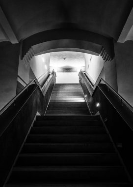 Black and white photograph, stairs to the upper floor, Altes Museum, Berlin, Germany