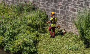 Employees of the Parks Department working on the lawn in front of the city wall, Bdingen, Hesse, Germany