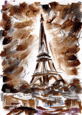 Paris şehir manzarası ve Eiffe. Kağıt dokulara el yapımı kahve ve Çince mürekkep. Kahve koleksiyonu. Raster bitmap resmi