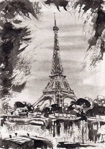 Paris Urban Landscape Eiffe Hand Drawn Chinese Ink Paper Textures — Stock Photo, Image
