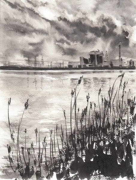 南欧的核电站在早上的时候被乌云笼罩在池塘里 芦苇在前景中 手绘中国墨水在纸纹理上 栅格位图图像 — 图库照片