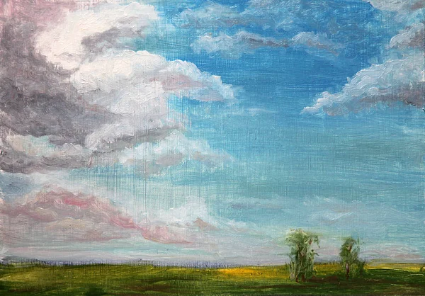 Sky landscape with meadow. Hand drawn oil painting on canvas textures. Raster bitmap image