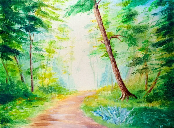 森林景观与道路 手绘油画在帆布纹理上 栅格位图图像 — 图库照片