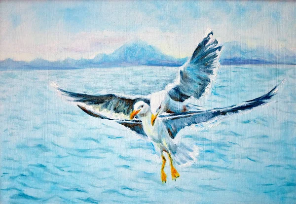 两只海鸥在海面上飞行 手绘油画在帆布纹理上 栅格位图图像 — 图库照片