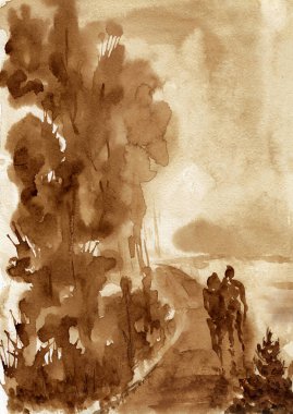 Yürüyen bir çiftle parktaki yol. Kağıt dokulara el yapımı kahve. Kahve koleksiyonu. Raster bitmap resmi