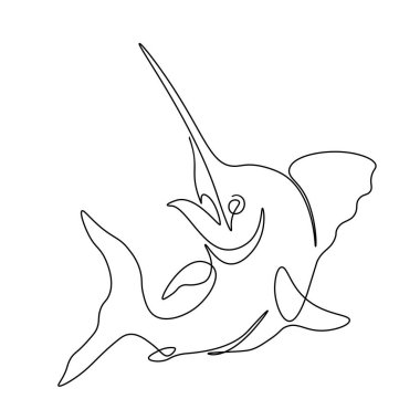 Zıplayan kılıçbalığının tek sıra sanat tekniğinde çizimi. Minimalist siyah beyaz resim.