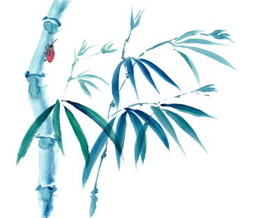 Beyaz arka planda bambu ve uğur böceği, Çin yapımı go-hua tekniği. Kağıt desenli el yapımı suluboya. Raster resmi