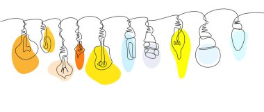 Tek çizgili sanat tekniği ve renkli ışıklarla yapılmış çeşitli elektrik lambaları olan çelenkler.