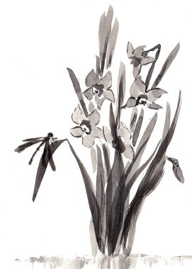 Narcissus çiçeği ve yusufçuk beyaz arka planda, Çin tekniği go-hua. Kağıt desenli el yapımı suluboya. Raster resmi