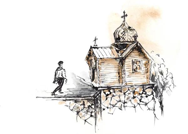 People Church Hand Drawn Coffee Chinese Ink Paper Textures Incdrawn — 스톡 사진