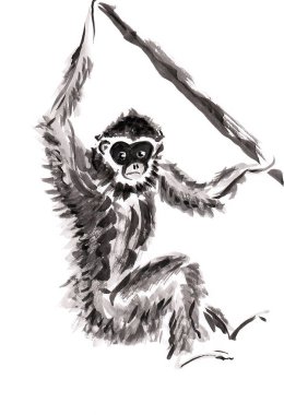 Monkey hanging on the branch. Hand drawn in chinese ink with paper texture. Inkdrawn collection. Raster image