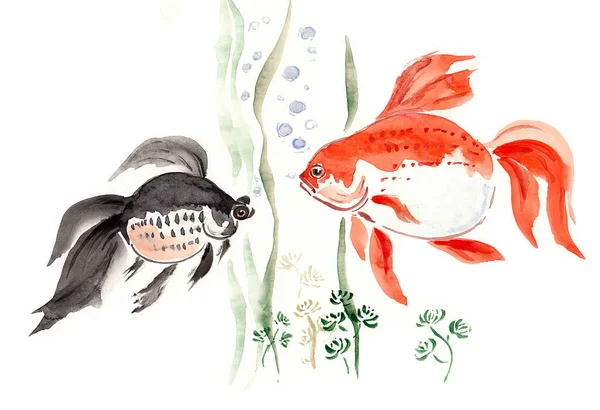 水族館の金魚と気泡や植物をペアリングします 中国の技法で描かれた水彩手は 紙の質感で華を行く ラスター画像 — ストック写真