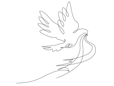 Conceptual image flying dove with ribbon in its beak. Continuous one line minimalistic art technique
