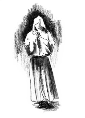 Lonely figure of praying monk isolated on white background. Hand drawn charcoal picture with paper texture. Raster image