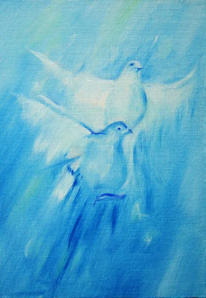 Couple doves in love on blue sky. Hand drawn oil painting on canvas textures. Raster image