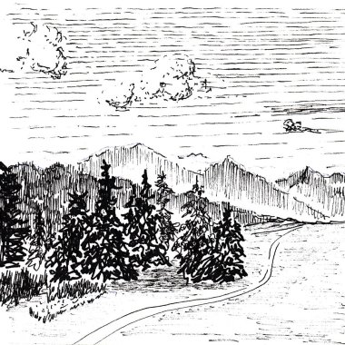 Primitive landscape with sky, clouds, forest and path. Hand made sketch with black ballpoint pen on paper texture. Isolated on white. Bitmap image