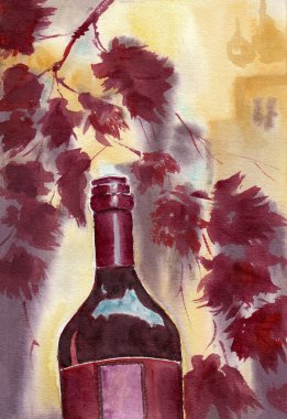 Wine bottle on background with grape red leaves. Hand drawn art painting with red dry wine and watercolor on paper texture. Bitmap image