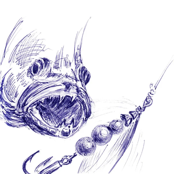 Predatory perch fish attacks a lure . Hand drawn sketch with ballpoint pen on paper texture. Isolated on white. Bitmap image