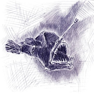 Deep sea predatory fish closeup . Hand made sketch with ballpoint pen on paper texture. Isolated on white. Bitmap image