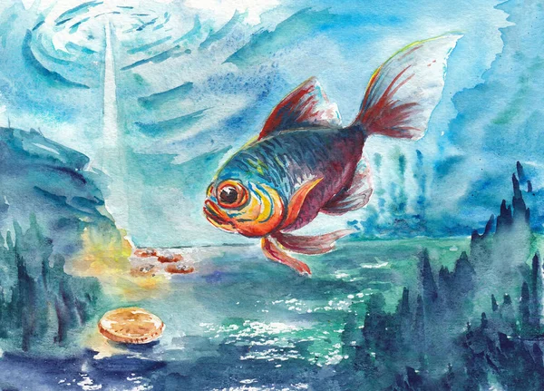 The fish found an underwater treasure. Goldfish bring good luck and wealth.. Hand drawn watercolors on paper texture. Bitmap image