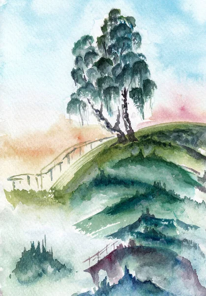 Stylized landscape with two birch trees on green hill with stairs and railings. Hand drawn watercolors on paper textures. Bitmap image