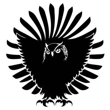 The head of an owl among feathers and with paws stylized as a coat of arms. Good for tattoo. Editable vector monochrome image with high details isolated on white background