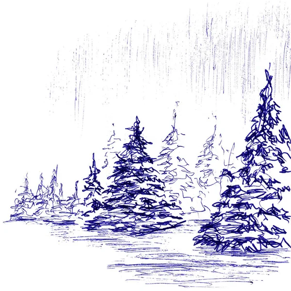 원시적 풍경은 전나무 숲이다 질감에 볼펜으로 스케치를 했습니다 흰색으로 격리되어 — 스톡 사진
