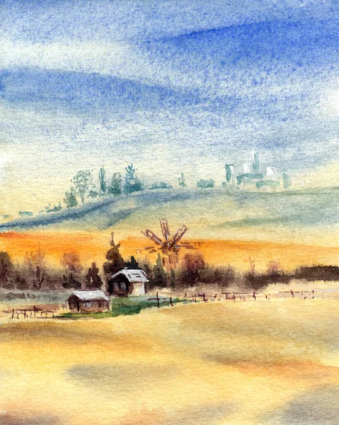 Rural Landscape Windmill City Buildings Silhouettes Backcise Hand Drawn Watercolors — Stock Photo, Image