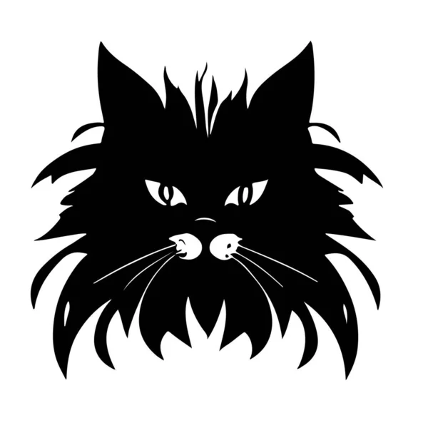 Bozontos Macska Fej Fantomkép Közelkép Tetoválásra Szerkeszthető Vektor Monokróm Kép — Stock Vector