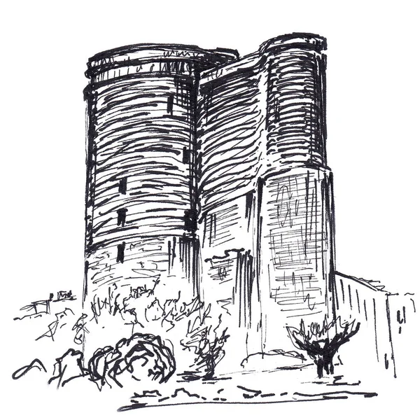 아제르바이잔의 수도인 바쿠의 중심에 메이든 타워입니다 볼펜을 질감으로 스케치를 했습니다 — 스톡 사진