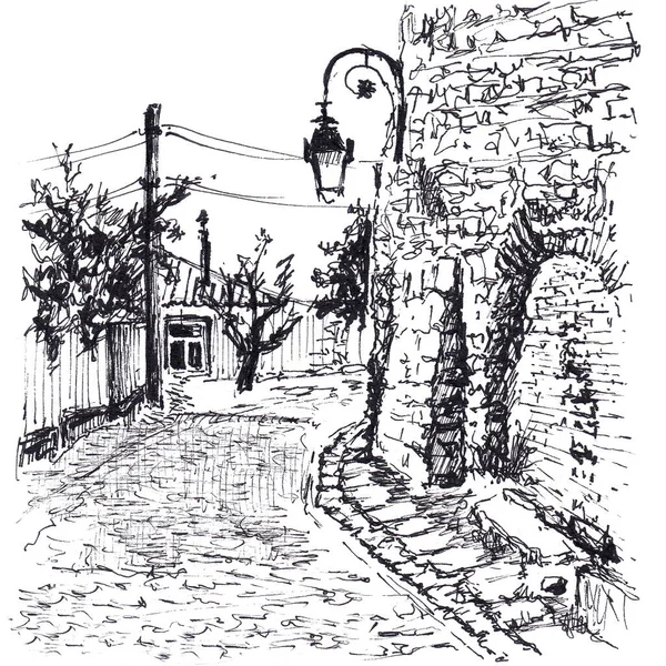Вулиця Маленькому Європейському Старому Місті Стіною Ліхтарем Ньому Ручний Ескіз — стокове фото