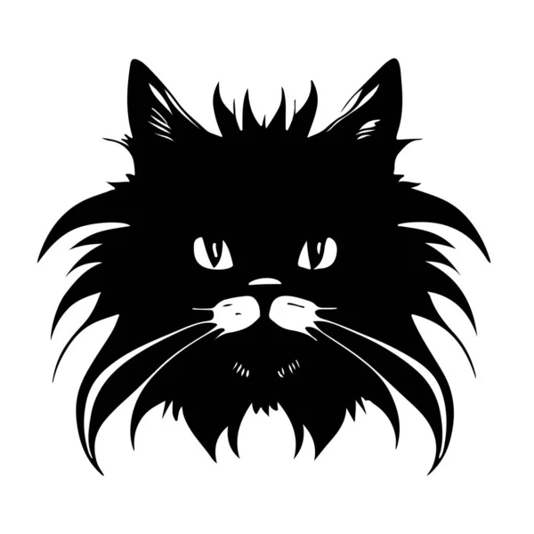 毛茸茸的猫头像特写 也适合纹身 可编辑的矢量单色图像 高细节分离的白色背景 — 图库矢量图片
