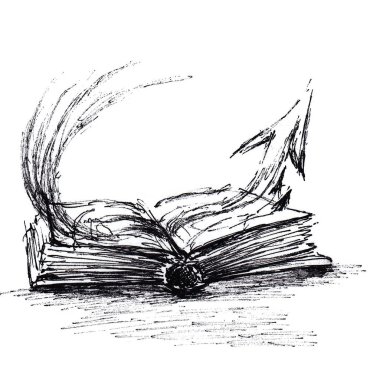 Kitap bir bilgi kaynağıdır, maceraya ve seyahate ilham verir kağıt dokusu üzerine tükenmez kalemle çizilmiş bir eskiz. Beyazda izole edilmiş. Bitmap resmi